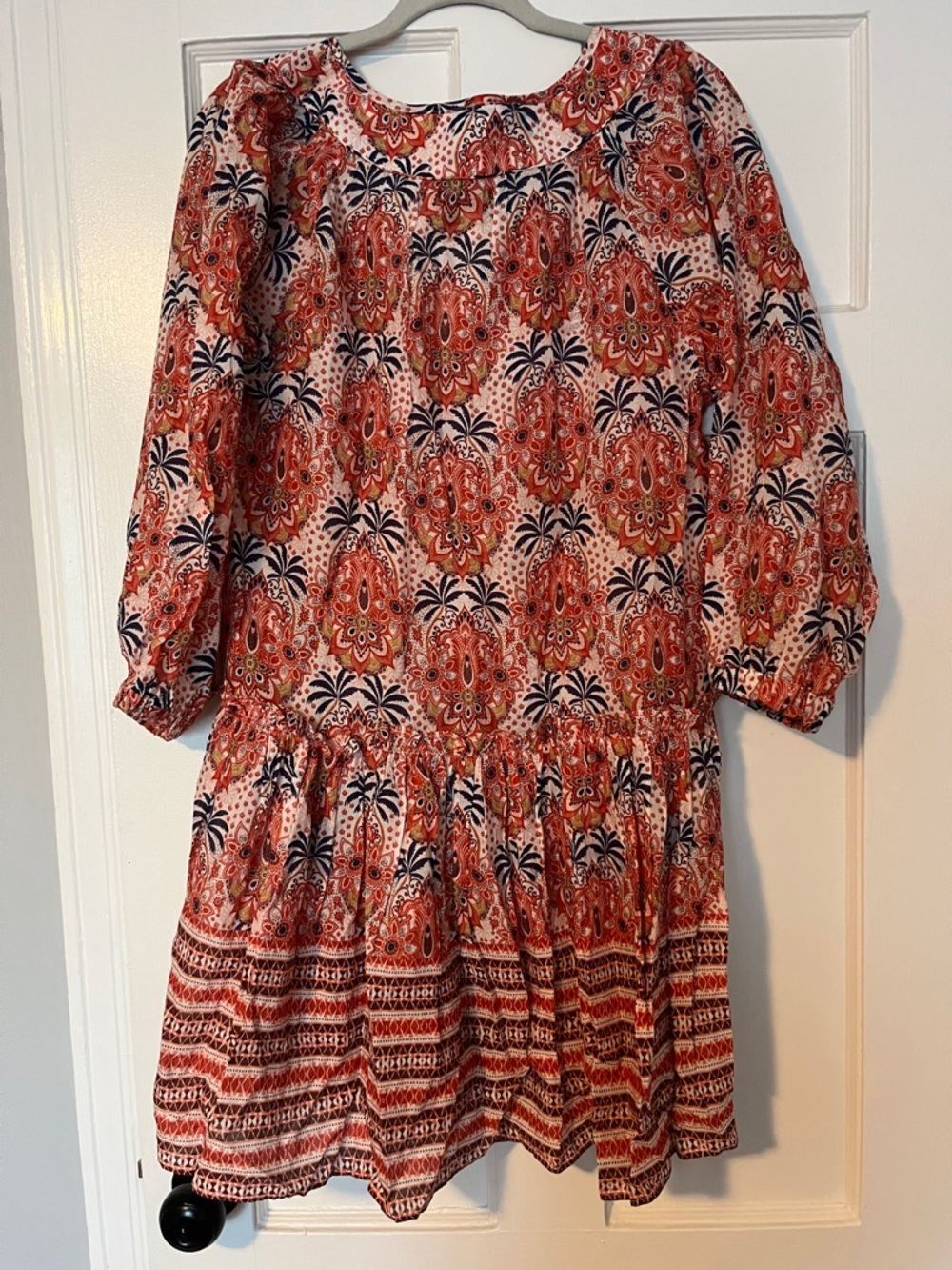 Cara Cara floral paisley tasseled boho cotton 3/4 sleeve mini dress sz S - Picture 5 of 6